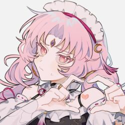 Rule 34 | 1girl, bare shoulders, closed mouth, fu xuan (honkai: star rail), heart, heart hands, honkai: star rail, honkai (series), inagoinaire, maid headdress, pink eyes, pink hair, simple background, solo, sweat, upper body, white background