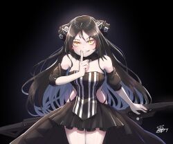 Rule 34 | 1girl, absurdres, black background, black dress, black hair, blush, breasts, commentary request, cowboy shot, dreamer (girls&#039; frontline), dress, finger to mouth, girls&#039; frontline, grin, headgear, highres, kokukyukeo, korean commentary, looking at viewer, medium breasts, sangvis ferri, shushing, simple background, sleeveless, sleeveless dress, smile, solo, straight-on, striped clothes, striped dress, vertical-striped clothes, vertical-striped dress, yellow eyes
