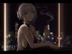 Rule 34 | 1girl, alcohol, alternate costume, bare arms, bare shoulders, bracelet, breasts, chinese commentary, cigarette, commentary request, cup, earrings, from side, girls&#039; frontline, highres, holding, holding cigarette, jewelry, large breasts, looking at viewer, looking to the side, nail polish, night, parted lips, purple eyes, purple nails, rpk-16 (girls&#039; frontline), selcky, sideboob, smile, smoke, solo, upper body