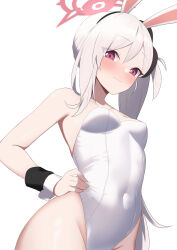 Rule 34 | 1girl, absurdres, animal ears, blue archive, blush, breasts, closed mouth, covered navel, cowboy shot, grey hair, hair between eyes, hair ornament, hair scrunchie, halo, hand on own hip, highres, leotard, long hair, looking at viewer, looking down, mutsuki (blue archive), pemoyashi (tianoblue), playboy bunny, purple eyes, rabbit ears, scrunchie, side ponytail, simple background, small breasts, smirk, solo, very long hair, white background, white leotard, wrist cuffs