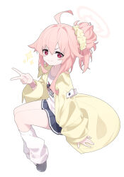 Rule 34 | 1girl, absurdres, ahoge, aiee, black footwear, black skirt, blue archive, closed mouth, halo, highres, jacket, long hair, long sleeves, looking at viewer, loose socks, natsu (band) (blue archive), natsu (blue archive), official alternate costume, open clothes, open jacket, pink hair, pink halo, pleated skirt, red eyes, shirt, shoes, simple background, skirt, smile, socks, solo, v, white background, white shirt, white socks, yellow jacket