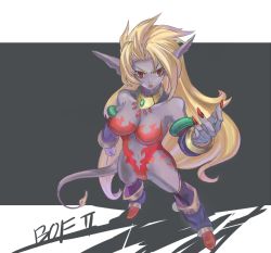 Rule 34 | 1girl, animal ears, bad id, bad pixiv id, blonde hair, boots, breasts, breath of fire, breath of fire ii, capcom, colored skin, gloves, jewelry, knee boots, large breasts, necklace, nude, pointy ears, purple skin, red eyes, rinpoo chuan, solo, sumith, tail