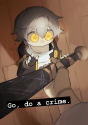 Rule 34 | 1boy, 1other, absurdres, artist name, black coat, black gloves, caelus (honkai: star rail), character request, chibi, coat, collarbone, doll joints, english text, fingerless gloves, floor, full body, gloves, go do a crime (meme), grey hair, hair between eyes, hand up, hands up, herta (honkai: star rail), highres, holding, holding weapon, honkai: star rail, honkai (series), hood, hooded coat, joints, kohianji, long sleeves, looking to the side, meme, no mouth, open clothes, open coat, shadow, shirt, short hair, solo focus, standing, t-shirt, trailblazer (honkai: star rail), two-sided coat, two-sided fabric, weapon, white shirt, yellow coat, yellow eyes