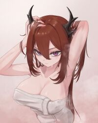 Rule 34 | 1girl, absurdres, arknights, armpits, arms up, bare arms, bare shoulders, breasts, closed mouth, collarbone, from above, gradient background, hair between eyes, hands in hair, highres, horns, large breasts, long hair, looking at viewer, looking up, mildt, naked towel, pink background, purple eyes, red hair, solo, steam, surtr (arknights), towel, upper body, v-shaped eyebrows, very long hair