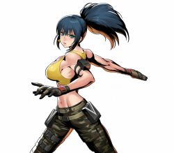 Rule 34 | 1girl, bare shoulders, blue eyes, blue hair, breasts, camouflage, camouflage pants, earrings, gloves, jewelry, leona heidern, looking at viewer, metal slug, metal slug attack, midriff, muscular, muscular female, navel, official art, pants, ponytail, pouch, senno aki, sideboob, solo, tank top, the king of fighters, the king of fighters xiv, toned, triangle earrings, twisted torso, yellow tank top