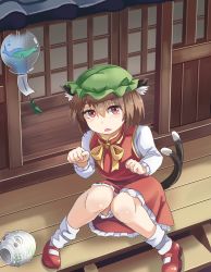 Rule 34 | 1girl, absurdres, animal ears, bloomers, blush, brown hair, cat ears, cat tail, chen, fang, hair between eyes, hat, highres, houshiruri, kayari buta, knees together feet apart, long sleeves, looking at viewer, mary janes, mob cap, multiple tails, parted lips, paw pose, red eyes, red footwear, red skirt, red vest, ribbon, shoes, short hair, sitting, skirt, sliding doors, socks, solo, tail, touhou, underwear, veranda, vest, white socks, wind chime, yellow ribbon