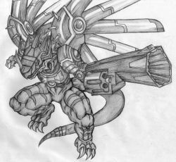 android bandai claws digimon dragon fangs helmet monochrome no_humans rizegreymon short_hair solo tail traditional_media weapon wings