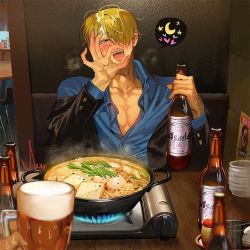 Rule 34 | 2boys, alcohol, beer, beer bottle, beer mug, black jacket, blonde hair, blue eyes, blue shirt, blush, bottle, collared shirt, cup, drunk, fellatio gesture, food, hair over one eye, hand on own head, holding, holding bottle, jacket, male focus, mug, multiple boys, naughty face, one eye covered, one piece, open mouth, runa (nori31291404), sanji (one piece), sexually suggestive, shirt, short hair, solo focus, tongue, tongue out