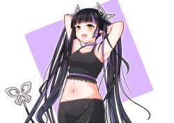 Rule 34 | 1girl, absurdres, armpits, arms behind head, black camisole, black hair, black shorts, blunt bangs, blush, breasts, camisole, commentary request, cowboy shot, crop top, demon girl, demon horns, demon tail, highres, horns, kojo anna, kojo anna (1st costume), long hair, looking at viewer, medium breasts, midriff, multicolored hair, nanashi inc., navel, open mouth, pointy ears, purple background, purple hair, robou no stone, shorts, smile, solo, sugar lyric, tail, twintails, two-tone background, two-tone hair, virtual youtuber, white background, yellow eyes