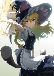 Rule 34 | 1girl, apron, back bow, black hat, black skirt, black vest, blonde hair, bloom, bow, braid, broom, broom riding, buttons, clenched teeth, frilled apron, frills, hair between eyes, hand up, harapan-kun, hat, hat bow, highres, kirisame marisa, long hair, looking at viewer, open mouth, outstretched arm, pink bow, puffy short sleeves, puffy sleeves, red eyes, shirt, short sleeves, single braid, skirt, smile, solo, teeth, touhou, turtleneck, unfinished dream of all living ghost, vest, waist apron, white apron, white bow, white shirt, witch hat