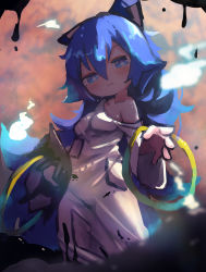 Rule 34 | 1girl, absurdres, blue bow, blue eyes, blue hair, bow, bracelet, breasts, chii (tsumami tsumamare), closed mouth, dress, hair between eyes, hair bow, highres, jewelry, long hair, looking at viewer, medium breasts, official alternate costume, single strap, solo, standing, touhou, sunken fossil world, white dress, yorigami shion