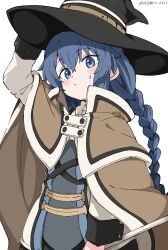 Rule 34 | 1girl, absurdres, blue hair, blush, braid, closed mouth, hat, highres, long hair, long sleeves, mushoku tensei, robe, roxy migurdia, simple background, solo, sweatdrop, twitter username, white background, white gorilla (okamoto), witch hat