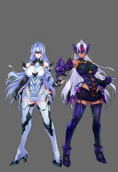 Rule 34 | 2girls, absurdres, android, bare shoulders, blue eyes, blue hair, breasts, cleavage, cyborg, dark skin, dark-skinned female, elbow gloves, expressionless, forehead protector, glasses, gloves, highres, kos-mos, kos-mos re:, large breasts, leotard, long hair, looking at viewer, multiple girls, negresco, nintendo, red eyes, silver hair, simple background, standing, t-elos, t-elos re:, thighhighs, very long hair, white leotard, xenoblade chronicles (series), xenoblade chronicles 2, xenosaga, xenosaga episode iii