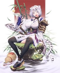 Rule 34 | 1girl, animal ears, black hair, black thighhighs, blue eyes, blush, bowl, breasts, bug, butterfly, highres, holding, holding bowl, insect, katana, large breasts, long sleeves, looking at viewer, open mouth, original, sheath, sheathed, short hair, sigma 2018, silver hair, sitting, smile, solo, sword, tail, thighhighs, tiger ears, tiger tail, translation request, weapon