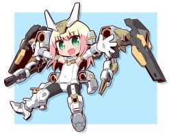 Rule 34 | 1girl, :d, baselard, black pantyhose, blonde hair, blue background, blush, boots, commentary request, drop shadow, elbow gloves, frame arms girl, full body, gloves, green eyes, headgear, highres, knee boots, leotard, long hair, looking at viewer, mecha musume, naga u, open mouth, pantyhose, smile, solo, two-tone background, white background, white footwear, white gloves, white leotard