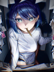 Rule 34 | 1girl, arm support, black shirt, blue eyes, blue hair, blurry, blurry foreground, blush, breasts, chromatic aberration, collarbone, commentary request, dolphin shorts, highres, hoshino ai (oshi no ko), keyboard (computer), kurokawa akane, light particles, long sleeves, looking at viewer, medium breasts, mouth hold, oshi no ko, pen in mouth, photo (object), shirt, short hair, shorts, solo, sparkle, spoilers, star-shaped pupils, star (symbol), swept bangs, symbol-shaped pupils, user ntgr5835, white shirt
