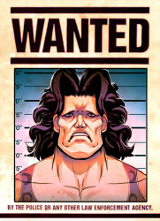 Rule 34 | 1boy, black hair, curly hair, english text, final fight, genzoman, hugo andore, male focus, mugshot, poster (object), solo, tank top, wanted