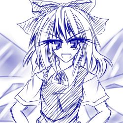 Rule 34 | 1girl, cirno, dress, embodiment of scarlet devil, female focus, hands on own hips, lowres, monochrome, pinafore dress, purple theme, sleeveless dress, solo, touhou