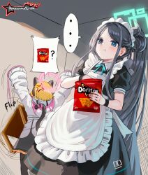 Rule 34 | 2girls, absurdres, animal ear headphones, animal ears, apron, aris (blue archive), aris (maid) (blue archive), arms up, awesomeerix, bag of chips, black dress, black hair, blonde hair, blue archive, blue eyes, blush, breasts, cat ear headphones, cat tail, chips (food), doritos, dress, eating, fake animal ears, food, halo, headphones, highres, jacket, long hair, long sleeves, maid headdress, momoi (blue archive), multiple girls, pantyhose, parted bangs, ponytail, puffy short sleeves, puffy sleeves, short sleeves, sidelocks, small breasts, table, table flip, tail, thighs, very long hair, white apron, white jacket, white pantyhose, wristband