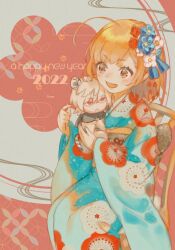 Rule 34 | 1boy, 1girl, 2022, :&lt;, accelerator (toaru majutsu no index), ahoge, animal ears, blue kimono, brown eyes, brown hair, character doll, chibi, child, chinese zodiac, english text, floral background, floral print, flower, furisode, hair flower, hair ornament, hair ribbon, happy new year, holding, japanese clothes, kimono, last order (toaru majutsu no index), looking at another, new year, obi, open mouth, print kimono, ribbon, sash, short hair, signature, sitting, smile, tail, tautiki, tiger ears, tiger tail, toaru majutsu no index, upper body, year of the tiger