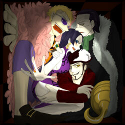 Rule 34 | 1girl, 3boys, black hair, blonde hair, blue eyes, boa hancock, breasts, cigar, crocodile (one piece), donquixote doflamingo, dracule mihawk, dress, feather coat, height difference, hook hand, in container, k kuroto, large breasts, long hair, multiple boys, one piece, rings, sunglasses, tongue, tongue out, very long hair, yellow eyes