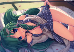 Rule 34 | 1girl, :p, blue eyes, blush, breasts, caidychen, cleavage, detached sleeves, female focus, frog, frog hair ornament, green hair, hair ornament, kochiya sanae, large breasts, long hair, lying, making-of available, nail polish, on side, snake, solo, tongue, tongue out, touhou