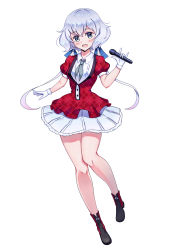 Rule 34 | 1girl, absurdres, black footwear, blue eyes, blue ribbon, boots, collared shirt, dress shirt, full body, gloves, grey neckwear, hair between eyes, hair ribbon, highres, holding, holding microphone, konno junko, looking at viewer, microphone, miniskirt, pleated skirt, ribbon, shirt, short hair with long locks, short sleeves, sidelocks, silver hair, simple background, skirt, softwareworker, solo, twintails, white background, white gloves, white shirt, white skirt, wing collar, zombie land saga