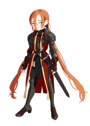 Rule 34 | 1girl, armor, bad id, bad pixiv id, fingerless gloves, freckles, full body, gloves, greaves, green eyes, hair between eyes, highres, long hair, mabera, orange hair, original, pauldrons, scabbard, sheath, sheathed, shoulder armor, solo, sword, twintails, very long hair, weapon, white background