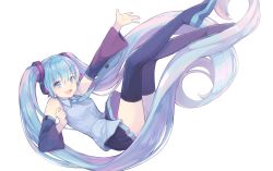 Rule 34 | 1girl, :d, bare shoulders, black skirt, black thighhighs, blue eyes, blue hair, blue necktie, breasts, clenched hand, clothes lift, commentary, curly hair, detached sleeves, falling, floating hair, full body, happy, hatsune miku, headset, highres, long hair, looking at viewer, medium breasts, necktie, open mouth, outstretched arm, pleated skirt, saino misaki, shirt, simple background, skirt, skirt lift, sleeveless, sleeveless shirt, smile, solo, thighhighs, twintails, very long hair, vocaloid, white background, zettai ryouiki