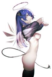 Rule 34 | 1girl, aqua eyes, arknights, blue eyes, blue hair, blue nails, bottomless, breasts, breasts out, clothes lift, cowboy shot, dark halo, demon horns, detached wings, energy wings, from side, halo, highres, horns, iumu, long hair, looking at viewer, medium breasts, mostima (arknights), nail polish, nipples, no bra, purple halo, shirt lift, simple background, smile, tail, thighhighs, undressing, white background, wings