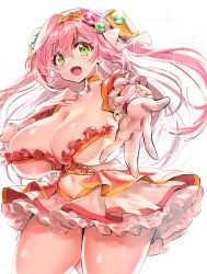 Rule 34 | 1girl, breasts, character request, cleavage, clothing cutout, collarbone, commission, copyright request, dress, frilled dress, frills, gem, gloves, gold choker, green eyes, hair between eyes, huge breasts, long hair, looking at viewer, manyuu kaeru tasuke sansei, navel, navel cutout, open mouth, pink hair, pixiv commission, shiny skin, short dress, smile, solo, sparkle background, thick thighs, thighs, twintails, white background, white gloves