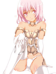 Rule 34 | 10s, 1girl, animal ears, bare shoulders, black gloves, black thighhighs, cat tail, elbow gloves, frame arms girl, gloves, kurokawa (silve), looking at viewer, materia (frame arms girl), mecha musume, panties, pink eyes, pink hair, simple background, sitting, smile, solo, tail, tan, thighhighs, underwear, white background, white panties