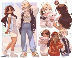 Rule 34 | ..., 3girls, afro puffs, ahoge, artist name, black camisole, blonde hair, blue pants, blush, bow, breasts, brown eyes, brown footwear, brown hair, camisole, closed eyes, commentary, cudlil, dark-skinned female, dark skin, denim, dress, earrings, english commentary, hair behind ear, hair ornament, hairclip, hand on own head, heart, highres, holding, holding stuffed toy, hood, hood down, hoodie, hugging object, jacket, jeans, jewelry, letterman jacket, long hair, looking back, looking to the side, medium breasts, midriff peek, multicolored hair, multiple girls, navel, original, pants, pink bow, pink dress, pink footwear, polka dot, polka dot dress, ponytail, red hoodie, scrunchie, shoes, smile, smug, sneakers, star (symbol), streaked hair, stuffed cow, stuffed toy, surprised, upper body, v-shaped eyebrows, very long hair, wrist scrunchie