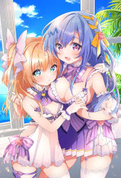 Rule 34 | 2girls, :d, adapted costume, bare shoulders, blue eyes, blue hair, bow, bowtie, breasts, cleavage, day, dress, emori el, emori miku, frills, gloves, hair bow, hair ornament, hair ribbon, holding hands, indoors, kawanobe, lace, large breasts, leg ribbon, liver city, long hair, looking at viewer, multiple girls, open mouth, pink bow, purple bow, purple ribbon, ribbon, small breasts, smile, sundress, thigh ribbon, thighhighs, two side up, very long hair, white gloves, window, yellow ribbon