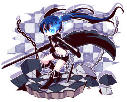 Rule 34 | 1girl, black footwear, black hair, black rock shooter, black rock shooter (character), blue eyes, boots, chibi, high heel boots, high heels, highres, holding, holding sword, holding weapon, knee boots, long hair, looking at viewer, naga u, solo, sword, twintails, weapon