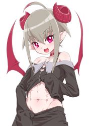 Rule 34 | 1girl, ahoge, bat wings, black shirt, black sleeves, clothes lift, curled horns, demon horns, grey hair, hair between eyes, horns, lifting own clothes, long sleeves, looking at viewer, makaino ririmu, makaino ririmu (2nd costume), multicolored hair, navel, nijisanji, open mouth, pink eyes, pointy ears, red hair, red horns, red wings, senzoc, shirt, shirt lift, short hair, simple background, smile, solo, stomach, two-tone hair, virtual youtuber, white background, wings