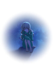 Rule 34 | 1girl, arm support, backlighting, bare shoulders, blue eyes, cellphone, charlotte (anime), closed mouth, commentary request, feet, frilled sleeves, frills, green pajamas, grey hair, hair between eyes, hair down, highres, holding, holding phone, knees together feet apart, long hair, long sleeves, looking at phone, midori (mido0021), pajamas, phone, sidelocks, simple background, sitting, sky, smartphone, smile, solo, star (sky), starry sky, tomori nao, wavy hair, white background