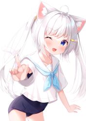 Rule 34 | 1girl, ahoge, animal ear fluff, animal ears, blue eyes, blue neckerchief, blue one-piece swimsuit, blush, cat ears, cat girl, cat tail, commentary request, covered navel, cropped shirt, fang, hair ornament, hairclip, highres, long hair, looking at viewer, matchanear, neckerchief, no pants, old school swimsuit, one-piece swimsuit, one eye closed, open mouth, original, outstretched arm, paid reward available, pointing, pointing at viewer, sailor collar, sailor shirt, school swimsuit, school uniform, serafuku, shirt, short sleeves, simple background, smile, solo, swimsuit, swimsuit under clothes, tail, twintails, white background, white hair, white sailor collar, white shirt