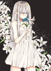 Rule 34 | 1girl, black background, blue eyes, breasts, closed mouth, collarbone, cowboy shot, crying, crying with eyes open, dress, easter lily, floral background, flower, hair between eyes, holding, holding flower, lily (flower), long hair, looking down, original, oshioshio, silver hair, small breasts, solo, sundress, tears, white dress, white flower