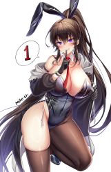 Rule 34 | 1girl, :q, absurdres, animal ears, arm belt, bare shoulders, black gloves, black hair, black jacket, black leotard, breasts, brown thighhighs, cleavage, closed mouth, counter:side, covered navel, cowboy shot, detached collar, fake animal ears, finger to mouth, gloves, highleg, highleg leotard, highres, index finger raised, jacket, large breasts, leg up, leotard, long hair, long sleeves, looking at viewer, maett, naughty face, necktie, off shoulder, open clothes, open jacket, playboy bunny, ponytail, purple eyes, rabbit ears, shoes, shushing, simple background, single leg pantyhose, single thighhigh, smile, solo, speech bubble, standing, standing on one leg, strapless, strapless leotard, thighhighs, thighs, tongue, tongue out, very long hair, white background, yoo mina