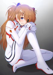 Rule 34 | 1girl, blue eyes, bodysuit, brown hair, commentary request, evangelion: 3.0+1.0 thrice upon a time, eyepatch, highres, kazuma muramasa, long hair, looking at viewer, neon genesis evangelion, plugsuit, rebuild of evangelion, sitting, solo, souryuu asuka langley, twintails, white bodysuit