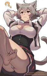 Rule 34 | 1girl, ?, ahoge, animal ears, barefoot, boosty username, breasts, brown corset, cat ears, cat girl, cat tail, choker, cleavage, closed mouth, commentary, corset, cropped jacket, crossed legs, grey hair, hair between eyes, highres, jacket, large breasts, looking up, mushoku tensei, open clothes, open jacket, panties, patreon username, red eyes, red skirt, rinia dedoldia, shirt, short hair, simple background, skirt, smile, solo, tail, thighs, toes, underwear, watermark, web address, wersman, white background, white jacket, white panties, white shirt