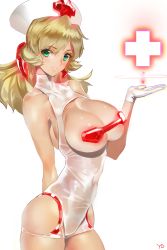 Rule 34 | 1girl, bare shoulders, blonde hair, breastless clothes, breasts, breasts out, cleavage cutout, clothing cutout, female focus, gloves, green eyes, halterneck, hat, highres, hip vent, huge breasts, latex, leotard, long hair, looking at viewer, nurse, nurse cap, revealing clothes, simple background, smile, solo, standing, white gloves, yd (orange maru)