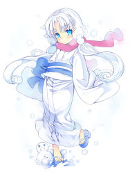 Rule 34 | 1girl, blue eyes, expressionless, eyebrows, floating hair, full body, japanese clothes, kimono, kurasuke, long hair, no socks, original, pink scarf, sandals, scarf, simple background, sleeves past wrists, snow, snowman, solo, thick eyebrows, twintails, white background, white hair, white theme, yukata, yuki onna
