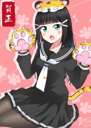 Rule 34 | 1girl, animal hands, animal hood, aqua eyes, artist name, artist request, black hair, black legwear, black sailor collar, black shirt, black skirt, blunt bangs, breasts, cat tail, collarbone, female focus, gloves, green eyes, hair ornament, hairclip, highres, hime cut, hood, kurosawa dia, layered skirt, long hair, long sleeves, looking at viewer, love live!, love live! sunshine!!, miniskirt, mole, mole under mouth, necktie, paw gloves, paw print, pink background, plaid, plaid skirt, pleated, pleated skirt, sailor collar, shirt, skirt, small breasts, solo, tail, tie clip, v-shaped eyebrows, white necktie, zero-theme, zero 0w0