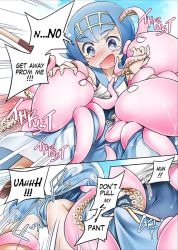 Rule 34 | !, !!, 1girl, blue eyes, blue hair, blush, breasts, censored, comic, covered navel, creatures (company), english text, game freak, imminent penetration, kore, lana (pokemon), mosaic censoring, nintendo, octopus, open mouth, pokemon, pokemon sm, pussy, rape, small breasts, smile, speech bubble, swimsuit, swimsuit under clothes, tears, tentacle sex, tentacles, text focus, trial captain, undressing