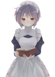 Rule 34 | 1girl, apron, book, brown eyes, closed mouth, expressionless, hakodao081049, highres, holding, holding book, long sleeves, maid, maid apron, nagato yuki, puffy long sleeves, puffy sleeves, purple eyes, reading, short hair, simple background, solo, suzumiya haruhi no yuuutsu, white apron, white background