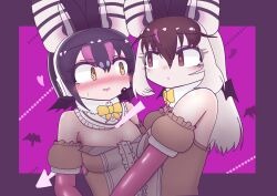 Rule 34 | 2girls, animal ears, bare shoulders, bat ears, bat girl, bat wings, black hair, blush, brown eyes, brown hair, brown long-eared bat (kemono friends), elbow gloves, extra ears, gloves, grey hair, highres, humboldt penguin (kemono friends), kemono friends, kemono friends v project, leotard, long hair, microphone, multicolored hair, multiple girls, noren kf1, penguin girl, purple background, purple hair, simple background, virtual youtuber, wings, yellow eyes