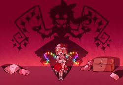 Rule 34 | 1girl, :d, ascot, blonde hair, blush stickers, bow, chibi, different shadow, dreamysuite, fangs, flandre scarlet, frills, full body, glowing, glowing wings, hair between eyes, hat, hat bow, holding, holding stuffed toy, long hair, looking at viewer, mob cap, open mouth, pectorals, pillow, red eyes, side ponytail, smile, solo, standing, stuffed animal, stuffed toy, teddy bear, touhou, wings, yellow ascot