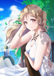 Rule 34 | 1girl, blonde hair, braid, breasts, brown eyes, cleavage, closed mouth, collarbone, day, dress, floating hair, hachiware (8ware63), highres, kantai collection, long hair, looking at viewer, medium breasts, o-ring, o-ring dress, ocean, sleeveless, sleeveless dress, smile, solo, tree, twitter username, wavy hair, white dress, zara (kancolle)